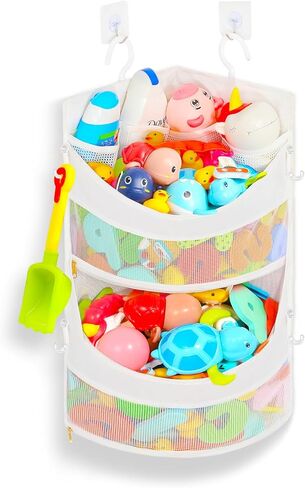 حامل ألعاب الحمام ذو المستويين، يحمل ألعاب حوض الاستحمام الكبيرة أو الكثير من ألعاب حوض الاستحمام بينما يتم تخزين ألعاب الحمام في الزاوية، ويحافظ على الحمام مرتبًا، منظم ألعاب الحمام الشبكي الكبير، لا يتجمع ويجف بسرعة in Kuwait