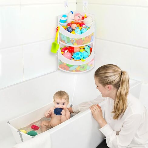 حامل ألعاب الحمام ذو المستويين، يحمل ألعاب حوض الاستحمام الكبيرة أو الكثير من ألعاب حوض الاستحمام بينما يتم تخزين ألعاب الحمام في الزاوية، ويحافظ على الحمام مرتبًا، منظم ألعاب الحمام الشبكي الكبير، لا يتجمع ويجف بسرعة in Kuwait