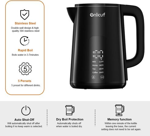 Onlicuf Temperature Control Electric Kettle, 304 Stainless Steel Interior Tea Kettle & Hot Water Boiler with Display, Auto-Off & Boil-Dry Protection, 1.7L, Keep Warm, Fast Boiling, BPA Free. in Kuwait