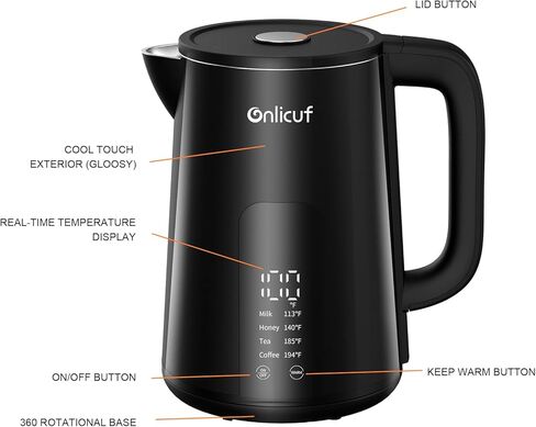 Onlicuf Temperature Control Electric Kettle, 304 Stainless Steel Interior Tea Kettle & Hot Water Boiler with Display, Auto-Off & Boil-Dry Protection, 1.7L, Keep Warm, Fast Boiling, BPA Free. in Kuwait