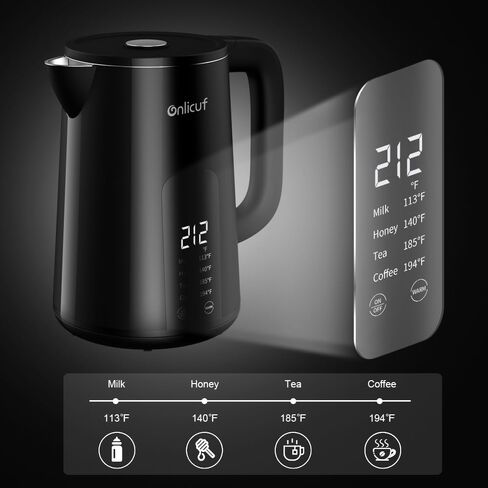 Onlicuf Temperature Control Electric Kettle, 304 Stainless Steel Interior Tea Kettle & Hot Water Boiler with Display, Auto-Off & Boil-Dry Protection, 1.7L, Keep Warm, Fast Boiling, BPA Free. in Kuwait