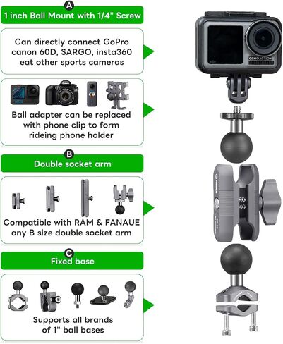 FANAUE GB-02T6 Super Clamp Camera Mount Monitor Magic Arm Double Ball Head Adapter with 1/4"-20 Thread for Canon/Nikon/DSLR/Gopro/LED Lights/Insta360, Can be Mounts on Handlebar of Bike Motorcycle ect in Saudi Arabia