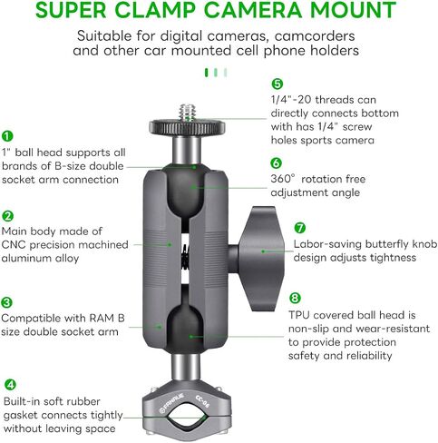 FANAUE GB-02T6 Super Clamp Camera Mount Monitor Magic Arm Double Ball Head Adapter with 1/4"-20 Thread for Canon/Nikon/DSLR/Gopro/LED Lights/Insta360, Can be Mounts on Handlebar of Bike Motorcycle ect in Saudi Arabia