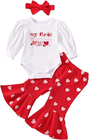My First Valentines Day Baby Girl Outfit Ribbed Romper + Flared Pants +Headband Newborn Valentines Day Clothes in Kuwait