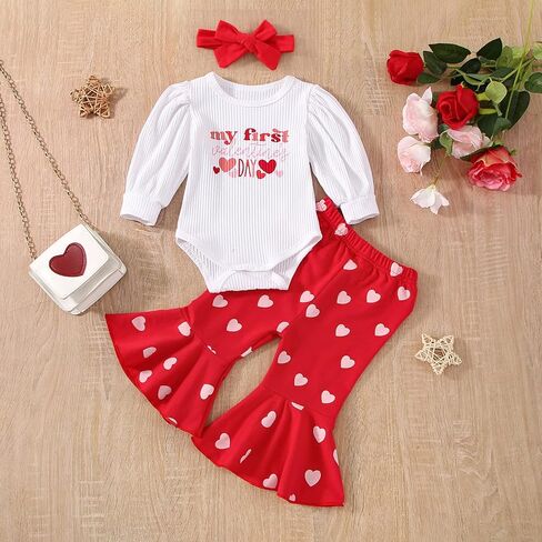 My First Valentines Day Baby Girl Outfit Ribbed Romper + Flared Pants +Headband Newborn Valentines Day Clothes in Kuwait