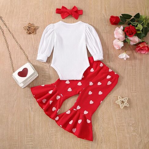 My First Valentines Day Baby Girl Outfit Ribbed Romper + Flared Pants +Headband Newborn Valentines Day Clothes in Kuwait