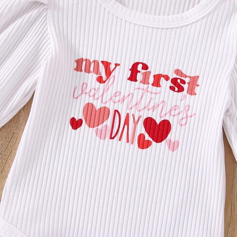 My First Valentines Day Baby Girl Outfit Ribbed Romper + Flared Pants +Headband Newborn Valentines Day Clothes in Kuwait