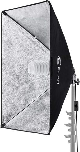 SoftBox، وحدة إضاءة فلورسنت بقدرة 70 وات مع صندوق ناعم فضي مدمج مقاس 19.5 × 27.5، مع قابس تيار متردد ومصباح فلورسنت حلزوني 5500 كلفن (يُترجم إلى 350 وات) in Kuwait