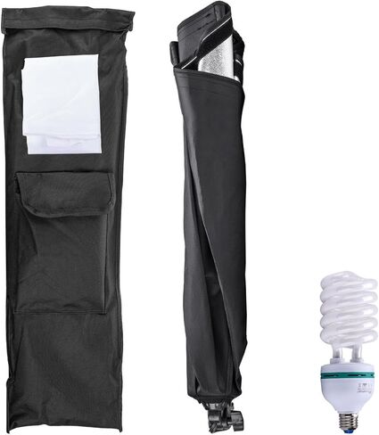 SoftBox، وحدة إضاءة فلورسنت بقدرة 70 وات مع صندوق ناعم فضي مدمج مقاس 19.5 × 27.5، مع قابس تيار متردد ومصباح فلورسنت حلزوني 5500 كلفن (يُترجم إلى 350 وات) in Kuwait