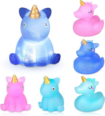 تضيء يونيكورن العائمة حوض الاستحمام اللعب الحيوان وامض حمام لعبة يونيكورن بريق لعبة الماء للأطفال كعكة الديكور الحمام دش ألعاب حمام سباحة حزب تفضل 6 قطع مجموعة in Kuwait