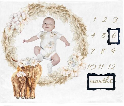Highland Cow Baby Blanket for Newborn Boy Girl, Baby Monthly Age Milestone Stuff for Memorial Photo Taken - 2 Frame Included in Saudi Arabia