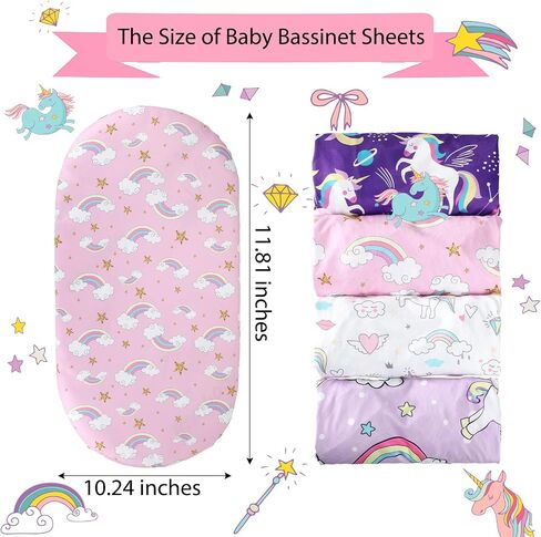 Fitted Bassinet Sheet Set, 4 Pack Universal Sheet Fit for Rectangle, Oval, Hourglass Bassinet Pad/Mattress, Stretchy Soft Sheet for Baby Girl Boy Infant, Unicorn Pattern in Saudi Arabia