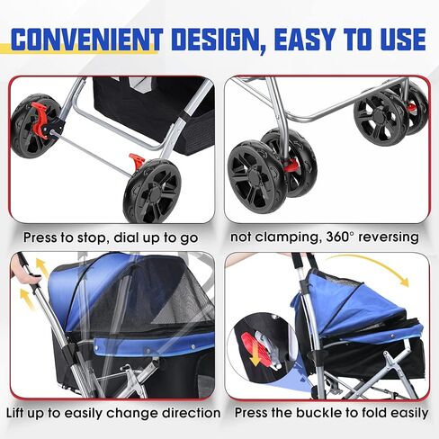 عربة أطفال للكلاب المتوسطة/2-3 كلاب صغيرة، عربة حيوانات أليفة بسعة 55 رطلًا مع إطار فولاذي قوي، فرامل وعجلات متينة مطورة، عربة كبيرة للقطط/الكلاب للمشي (أزرق) in Kuwait