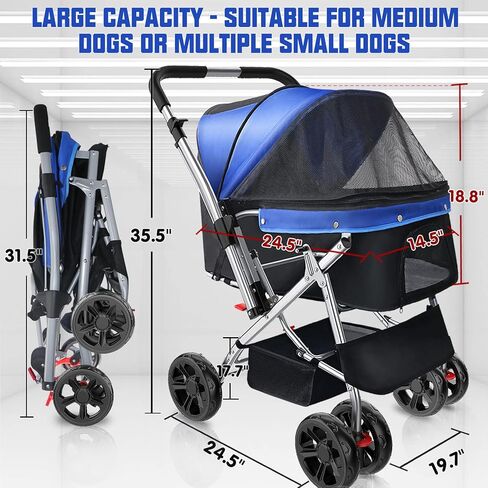 عربة أطفال للكلاب المتوسطة/2-3 كلاب صغيرة، عربة حيوانات أليفة بسعة 55 رطلًا مع إطار فولاذي قوي، فرامل وعجلات متينة مطورة، عربة كبيرة للقطط/الكلاب للمشي (أزرق) in Kuwait