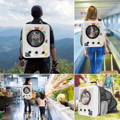 حقيبة ظهر للسفر للقطط مع فقاعات -FX07، حاملات حقيبة ظهر سوداء للحيوانات الأليفة للقطط والكلاب، حقيبة ظهر سوداء قابلة للتوسيع مع فقاعات، حاملة حيوانات أليفة معتمدة من شركة الطيران، طباعة مموهة باللون الأسود in Kuwait