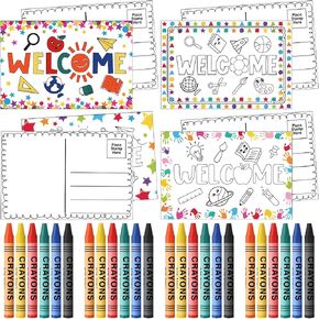 24 Pcs End of Year Gifts from Teacher Have a Colorful Summer Postcards and 24 Pcs Crayons Last Day of School Party Favors Coloring Postcards for Kindergarten Preschool Students Gifts Supplies