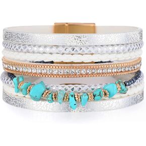 Boho Leather Wrap Bracelet for Women Multilayer Irregular Turquoise Bracelets Rhinestone Wide Cuff Bracelet Vintage National Wristbands Western Jewelry Gifts for Teens Girls