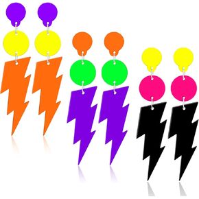 Ronglry 3Pairs 80s Neon Earrings for Women Colorful Lightning Acrylic Drop Earrings Retro Geometric Dangle Earrings Neon Earrings Bulk for 80's Outfit Glow Party Halloween Neon Accessories 80s Jewelry