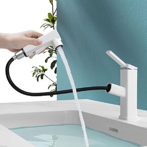 Single Hole Bathroom Faucet, Single Handle Modern Pull Out Bathroom Sink Faucet with 3 Water Flow Modes, Fountain Bathroom Faucets with Sprayer (Black, Regular)