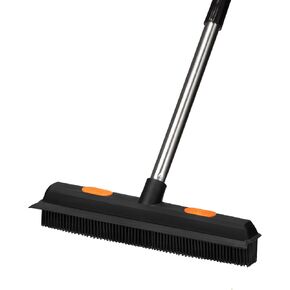 Rubber Broom Brush Carpet Rake for Pet Dog Hair Remover,Push Broom with Floor Scrub Shower Grout Cleaner Brush with 56" Long Handle for Carpet Hardwood Floor Tile Windows Cleaning