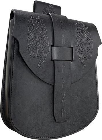 HiiFeuer Viking Embossed Langskip Belt Pouch, Medieval Faux Leather Flap Saddle Side Bag Purses, Retro Portable Belt Bag (Black A) in Kuwait