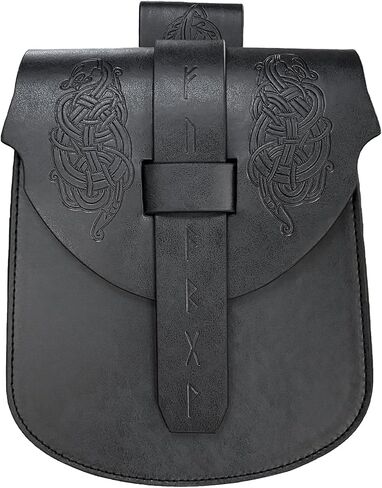 HiiFeuer Viking Embossed Langskip Belt Pouch, Medieval Faux Leather Flap Saddle Side Bag Purses, Retro Portable Belt Bag (Black A) in Kuwait