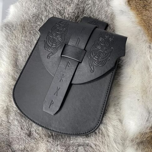 HiiFeuer Viking Embossed Langskip Belt Pouch, Medieval Faux Leather Flap Saddle Side Bag Purses, Retro Portable Belt Bag (Black A) in Kuwait