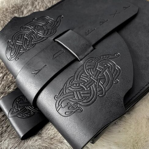 HiiFeuer Viking Embossed Langskip Belt Pouch, Medieval Faux Leather Flap Saddle Side Bag Purses, Retro Portable Belt Bag (Black A) in Kuwait