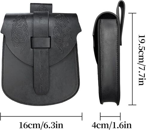 HiiFeuer Viking Embossed Langskip Belt Pouch, Medieval Faux Leather Flap Saddle Side Bag Purses, Retro Portable Belt Bag (Black A) in Kuwait