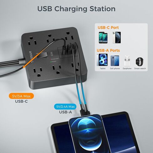 Surge Protector Power Strip with USB, TESSAN 5FT Extension Cord with Multiple Outlets Flat Plug, 6 Outlet Extender with 1 USB C and 2 USB A Charging Station, 1700J Surge Protection, White in Saudi Arabia