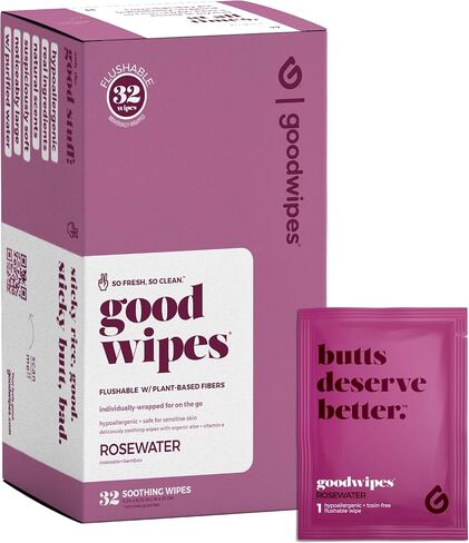 Goodwipes Flushable Butt Wipes – Soothing Botanicals & Aloe – Soft & Gentle Individually Wrapped Wet Wipes for On-the-Go & Travel Use – Largest Adult Toilet Wipes – Shea-Coco, 1 pack, 32 count in Saudi Arabia