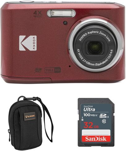 كاميرا رقمية Kodak PIXPRO FZ45 Friendly Zoom 16MP Full HD رقمية، حمراء، حزمة مع بطاقة ذاكرة 32 جيجابايت وحقيبة كاميرا in Kuwait