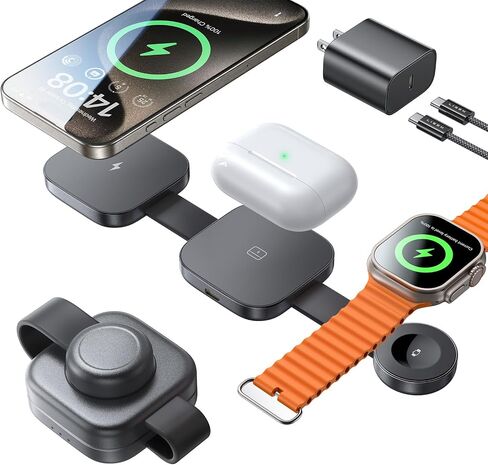 LISEN Travel Charger for Multiple Devices, 3 in 1 Charger Wireless Charging Pad, Foldable Magsafe Wireless Charger for iPhone 15 14 13 12 Pro Max Plus Apple Watch Series Airpods in Saudi Arabia