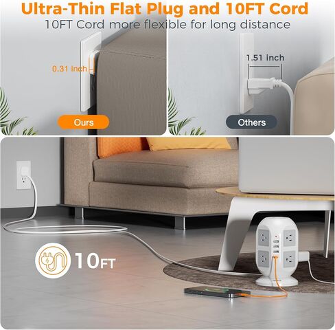 Tower Power Strip, Surge Protector 10 FT Cord, TESSAN Flat Plug Extension Cord with Multiple Outlets, 8 AC Outlets with 4 USB Ports (2 USB C), Charging Station with Surge Protection, for Office Dorm in Saudi Arabia