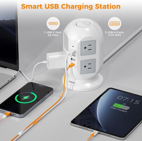 Tower Power Strip, Surge Protector 10 FT Cord, TESSAN Flat Plug Extension Cord with Multiple Outlets, 8 AC Outlets with 4 USB Ports (2 USB C), Charging Station with Surge Protection, for Office Dorm in Saudi Arabia