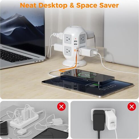 Tower Power Strip, Surge Protector 10 FT Cord, TESSAN Flat Plug Extension Cord with Multiple Outlets, 8 AC Outlets with 4 USB Ports (2 USB C), Charging Station with Surge Protection, for Office Dorm in Saudi Arabia