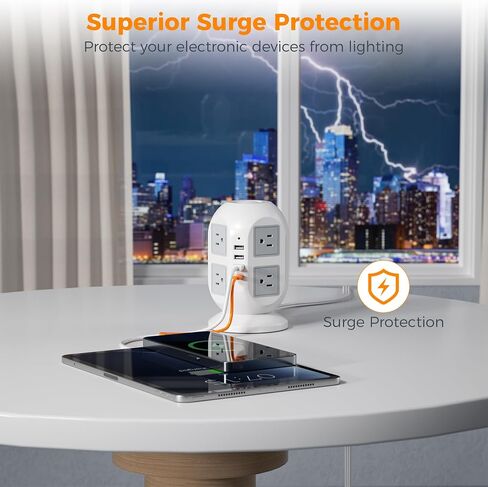Tower Power Strip, Surge Protector 10 FT Cord, TESSAN Flat Plug Extension Cord with Multiple Outlets, 8 AC Outlets with 4 USB Ports (2 USB C), Charging Station with Surge Protection, for Office Dorm in Saudi Arabia