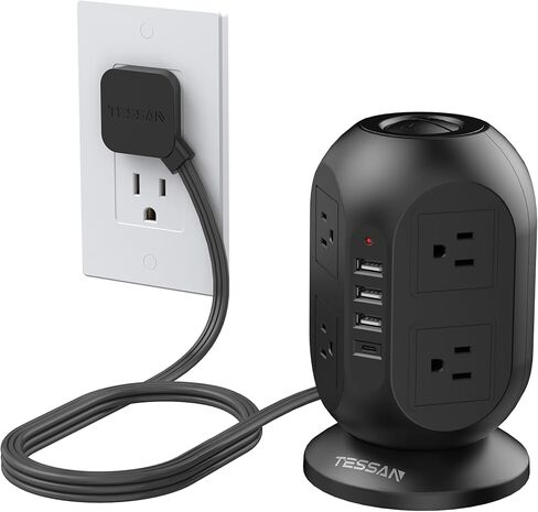 Tower Power Strip, Surge Protector 10 FT Cord, TESSAN Flat Plug Extension Cord with Multiple Outlets, 8 AC Outlets with 4 USB Ports (2 USB C), Charging Station with Surge Protection, for Office Dorm in Saudi Arabia