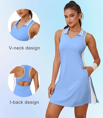 فستان جولف للنساء، فساتين تنس، خصر مطاطي، ياقة بولو، بدون أكمام، رياضي نشط، تمرينات رياضية، فستان رياضي أزرق in Kuwait