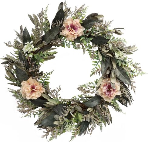 Summer Front Door Wreath, 18''Artificial Front Door Wreath with Green Eucalyptus Leaves and White Flowers for Home Outdoor/Farmhouse/Window/Porch Decorations in Saudi Arabia
