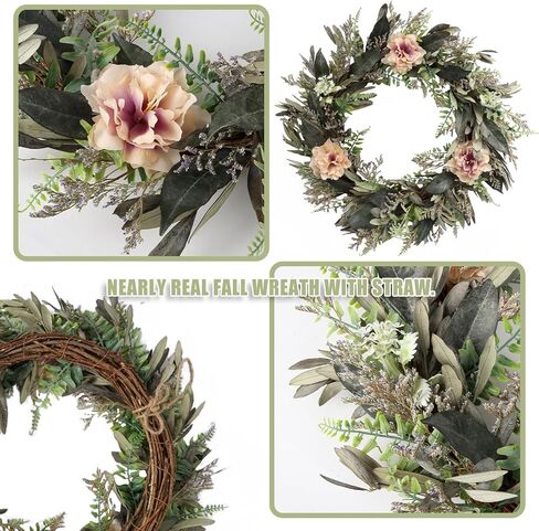 Summer Front Door Wreath, 18''Artificial Front Door Wreath with Green Eucalyptus Leaves and White Flowers for Home Outdoor/Farmhouse/Window/Porch Decorations in Saudi Arabia