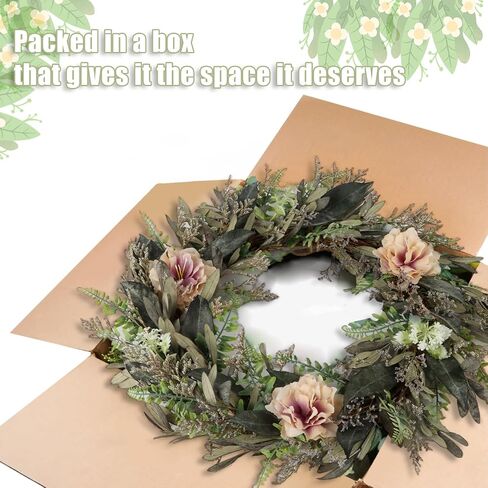 Summer Front Door Wreath, 18''Artificial Front Door Wreath with Green Eucalyptus Leaves and White Flowers for Home Outdoor/Farmhouse/Window/Porch Decorations in Saudi Arabia