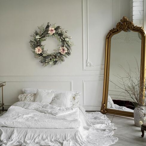 Summer Front Door Wreath, 18''Artificial Front Door Wreath with Green Eucalyptus Leaves and White Flowers for Home Outdoor/Farmhouse/Window/Porch Decorations in Saudi Arabia