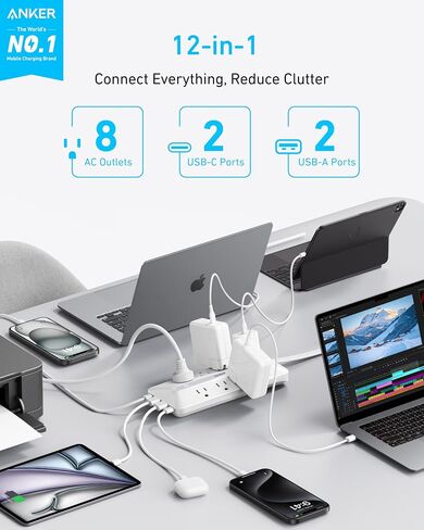 Flat Plug Power Strip, Anker 12-in-1 USB C Power Strip with 8 AC Outlets, 2 USB C, 2 USB A Ports, 5 ft Extension Cord, Slim Desk Charging Station, 900J Surge Protection, 35W Max for Home, Office, Dorm in Saudi Arabia