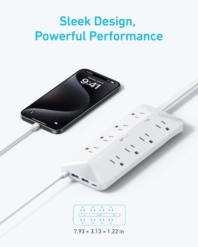 Flat Plug Power Strip, Anker 12-in-1 USB C Power Strip with 8 AC Outlets, 2 USB C, 2 USB A Ports, 5 ft Extension Cord, Slim Desk Charging Station, 900J Surge Protection, 35W Max for Home, Office, Dorm in Saudi Arabia