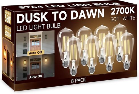 Dusk to Dawn Light Bulbs, Outdoor Light Bulbs, ST64 6W Equivalent 60W, 2700K Soft White, 600LM LED Outdoor Lighting, E26 Base, Photocell Sensor, Auto On/Off Bulb for Porch Patio Garage, 4 Pack in Saudi Arabia
