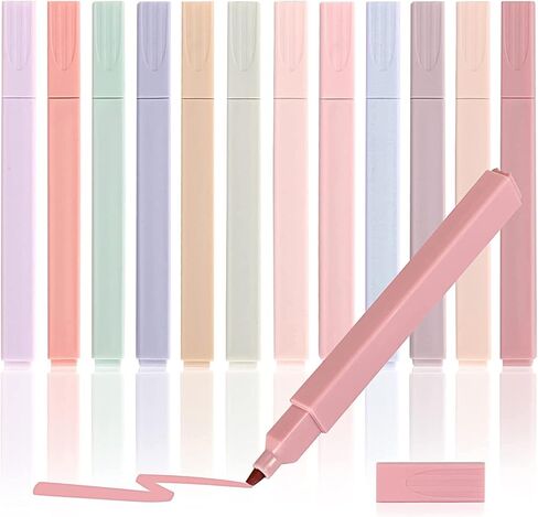 Aesthetic Highlighters, 12 Pcs Dual Tip Highlighters Assorted Colors No Bleed Dry Fast Easy to Hold, Pastel Highlighters Marker Pens for Journal Bible Planner Notes School Office Supplies in Kuwait
