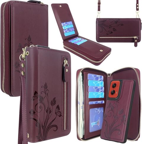 Lacass Wallet for Motorola Moto G Stylus 5G 2024, Crossbody Dual Zipper Detachable Magnetic Leather Wallet Case Cover Wristlets Wrist Strap 13 Card Slots Money Pocket(Floral Dark Purple) in Saudi Arabia