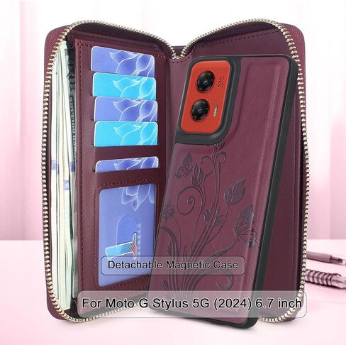 Lacass Wallet for Motorola Moto G Stylus 5G 2024, Crossbody Dual Zipper Detachable Magnetic Leather Wallet Case Cover Wristlets Wrist Strap 13 Card Slots Money Pocket(Floral Dark Purple) in Saudi Arabia