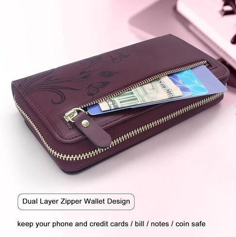 Lacass Wallet for Motorola Moto G Stylus 5G 2024, Crossbody Dual Zipper Detachable Magnetic Leather Wallet Case Cover Wristlets Wrist Strap 13 Card Slots Money Pocket(Floral Dark Purple) in Saudi Arabia
